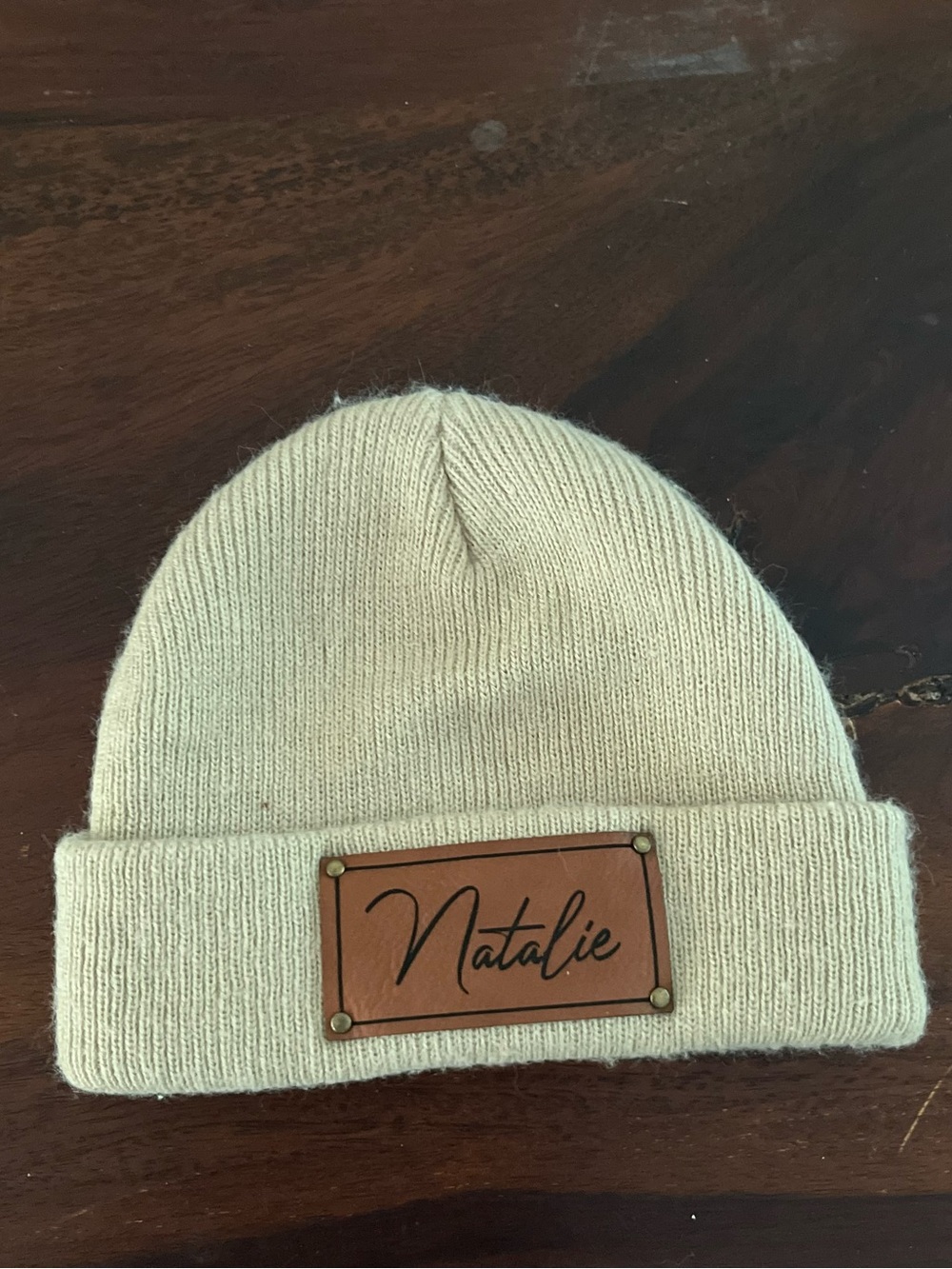 Natalie Neutral Knit Baby Hat with Leather Patch winter Beige Tan